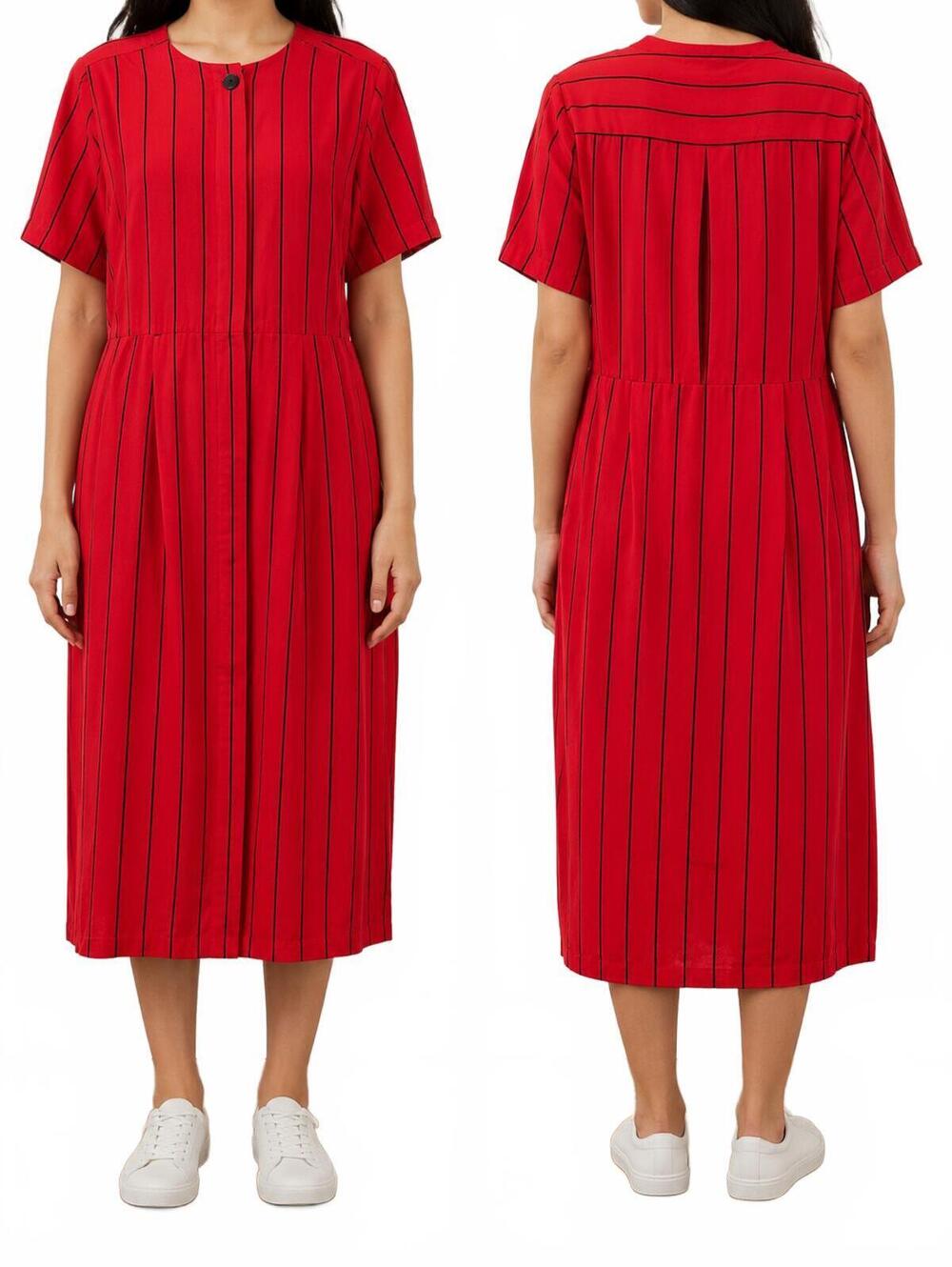 Liz Claiborne Petite Vintage 80s Red Black Stripe Dress Button Front Straight Fi